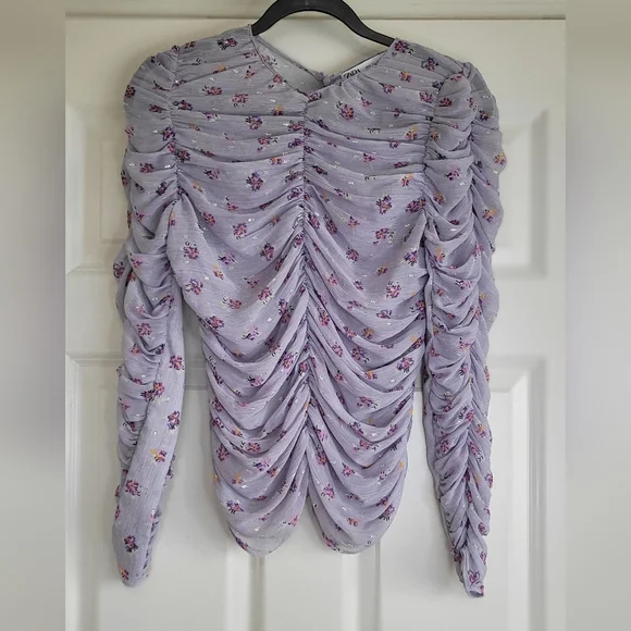 Zara Lavender Floral Print Ruched Semi-Sheer Blouse - Size S - Picture 2 of 7